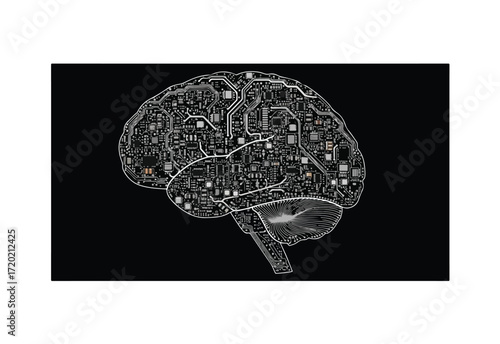 Digital Brain with Integrated Circuits on Black Background