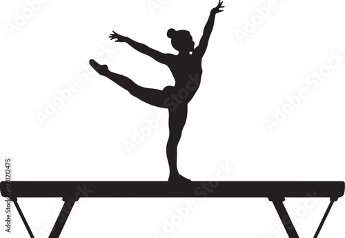 Black silhouette of a female gymnast performing a pose on a balance beam gymnastics