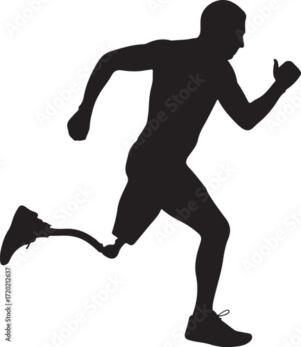 Black silhouette of a male runner with a prosthetic leg in motion running athlete