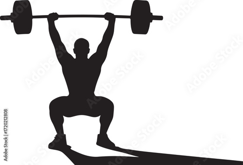 Black silhouette of a person performing a barbell squat lifting weights weightlifting