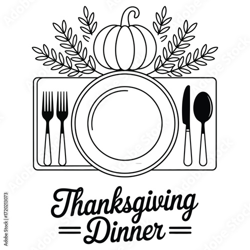 Tableware with cutlery and napkin Thanksgiving dinner vector illustration in black and white isolated design for festive meal
