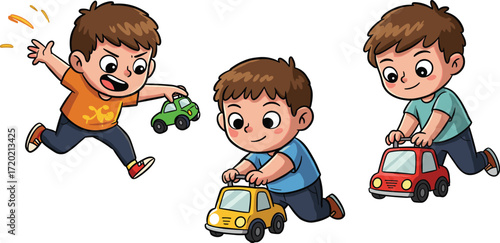Cartoon children playing with toy cars in various poses and outfits, joyful toddler activity, fun indoor childhood vector illustration sceneCartoon children playing with toy cars in 
