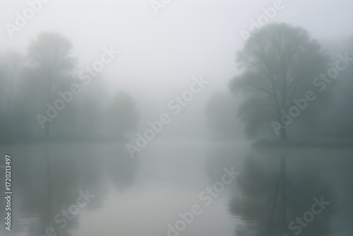 Misty lake landscape with trees reflected in calm water.
Foggy lake scene with trees and soft reflections in still, calm water.