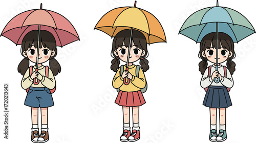 Cartoon girls with colorful umbrellas in coordinated outfits, ideal for weather, fashion, school, and seasonal vector illustration themesCartoon girls with colorful umbrellas in coordinated outfit