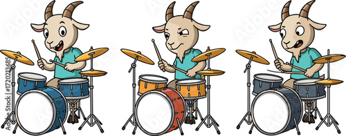 Cartoon Goats Playing Drums Vector Illustration Featuring Musical Animals, Funny Band Scene, Percussion Instruments, and Whimsical Entertainment ConceptCartoon Goats Playing Drums Vecto
