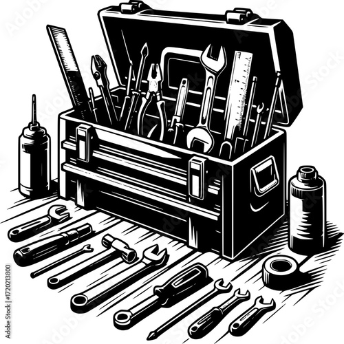 Complete Toolbox: A detailed illustration of a toolbox and the tools inside, illustrating the essential tools and the concept of tools in general.
