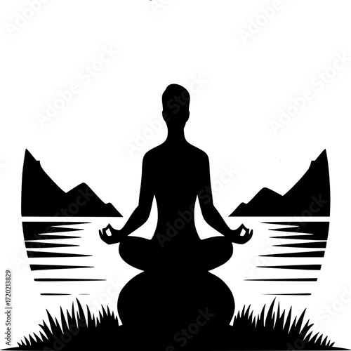 Mindful Serenity: A tranquil illustration captures the essence of meditation. A silhouetted figure sits in lotus position, embodying inner peace and connection with nature.