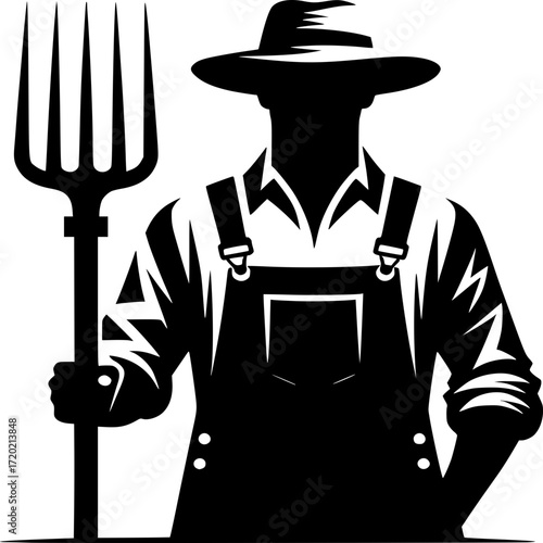 Silhouette of the Farmer: A stark silhouette of a farmer, holding a pitchfork, represents agriculture, labor, and rural life. The image evokes strength, dedication, and connection to the land.