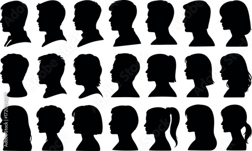 Silhouettes of Diverse People Crowd Vector Illustration Head Profile Faces