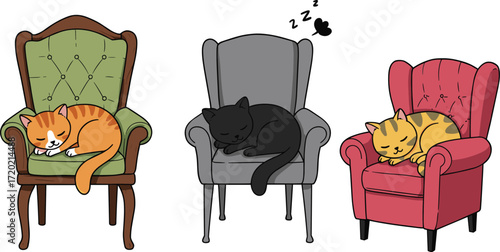Three cartoon cats sleeping on colorful armchairs in cozy indoor setting, peaceful vector illustration for pet and home decor contentThree cartoon cats sleeping on colorful 