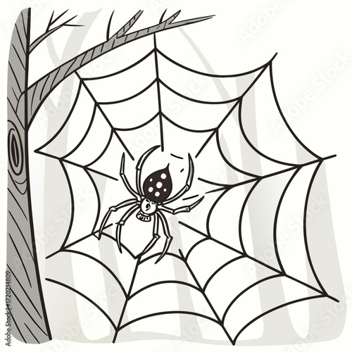 A cartoon spider with a patterned body sits patiently in its intricate web attached to a tree branch