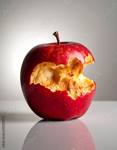 A bitten apple, reflecting on a surface