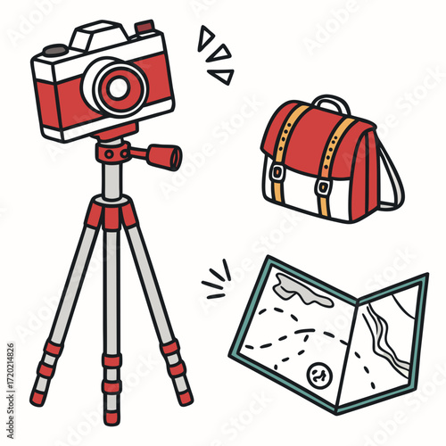 A charming hand drawn illustration of travel essentials including a camera on a tripod a backpack and a map