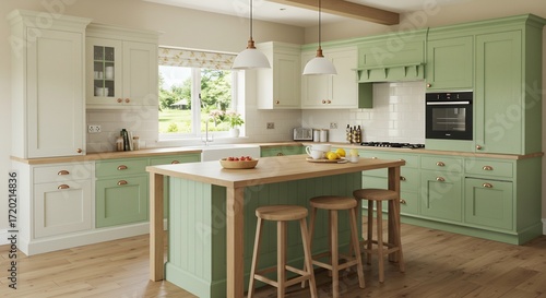 Bright natural light illuminates a charming pastel green and white kitchen design. AI Generated