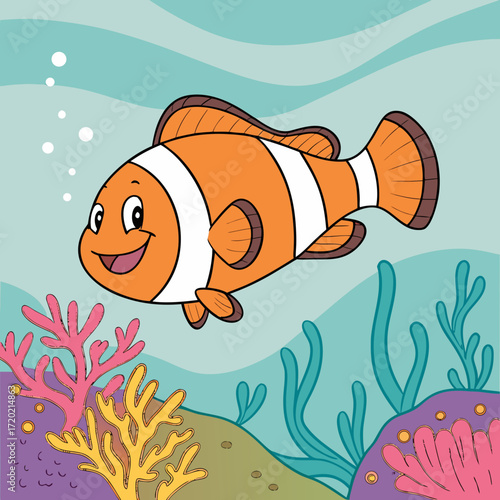 A cheerful cartoon clownfish swims happily underwater surrounded by colorful coral and seaweed with bubbles floating up
