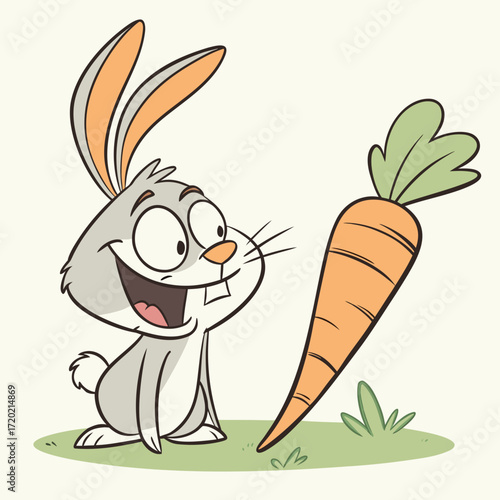 A cheerful cartoon rabbit with big eyes and buck teeth excitedly looks at a large orange carrot on a grassy patch