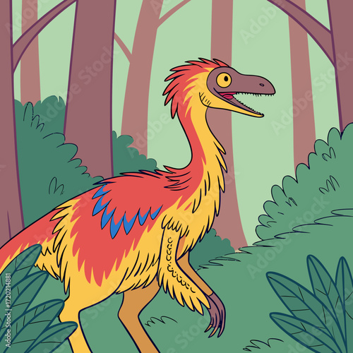 A colorful cartoon dinosaur with feathers walks through a lush green forest with tall trees
