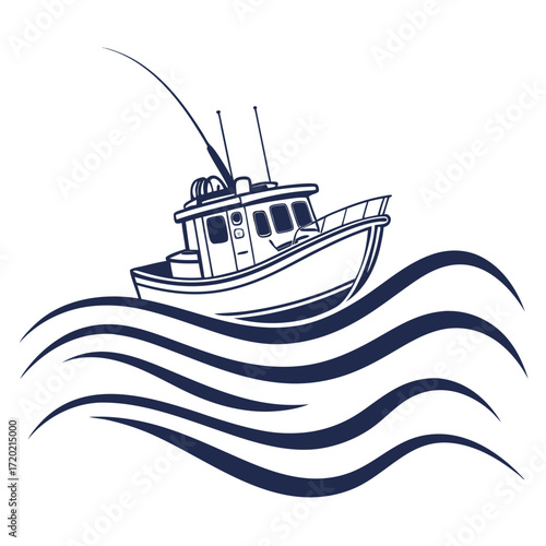 A stylized illustration of a fishing boat with a prominent fishing rod sailing on stylized blue waves against a white background