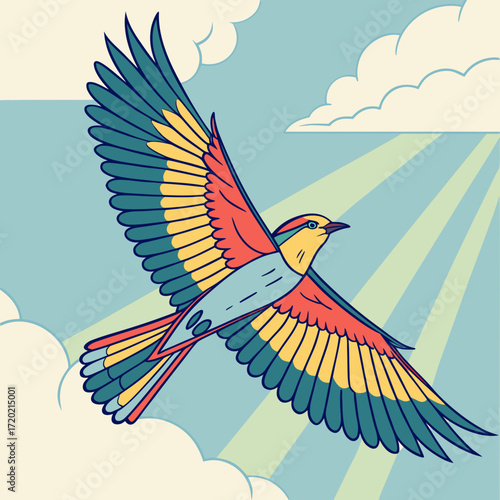 A stylized colorful bird with outstretched wings soars gracefully through a bright blue sky with soft clouds and sunbeams