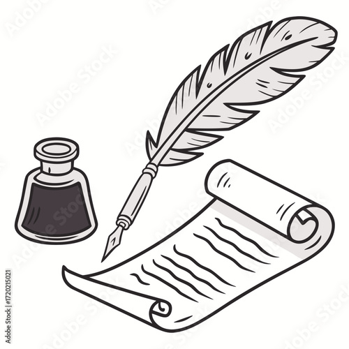 A vintage quill pen rests beside a small inkwell and a rolled parchment scroll on a white background