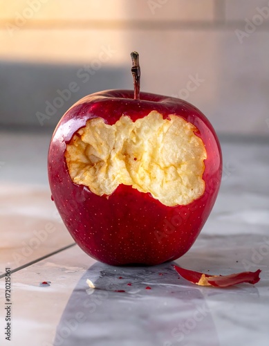A bitten red apple on a marble surface