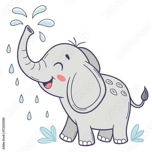 Adorable cartoon baby elephant spraying water from its trunk with a happy expression and playful splashes