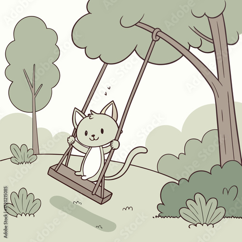 Adorable cartoon cat happily swinging on a wooden swing attached to a large tree in a park