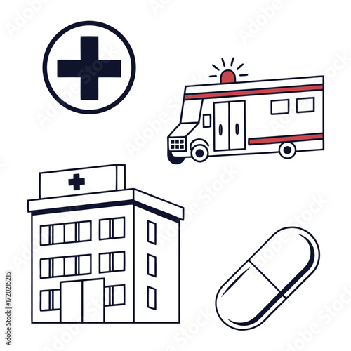 Collection of simple line art medical icons including a hospital building ambulance medical cross and a pill capsule