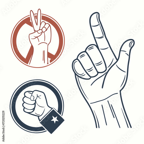 Collection of three distinct hand gestures symbolizing peace protest and direction in a minimalist graphic style