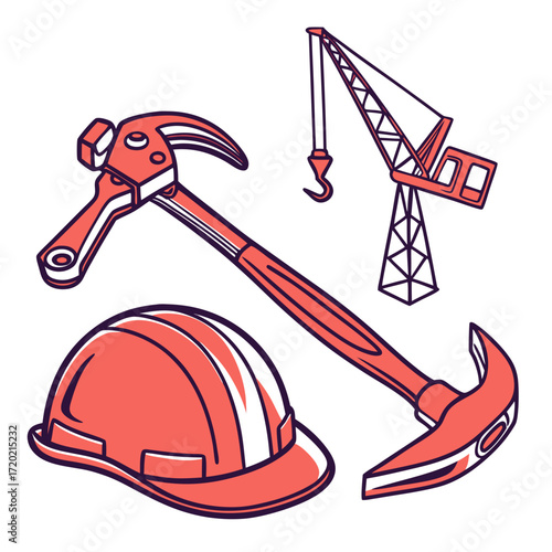 Construction tools including a hammer hard hat and crane depicted in a simple modern graphic style with coral and purple outlines