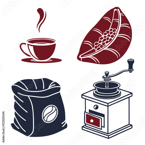 Collection of stylized coffee related icons including a steaming cup a coffee bean pod a burlap sack and a manual grinder