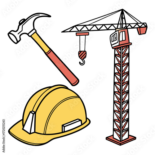 Construction equipment including a yellow hard hat a hammer and a red and white tower crane on a white background