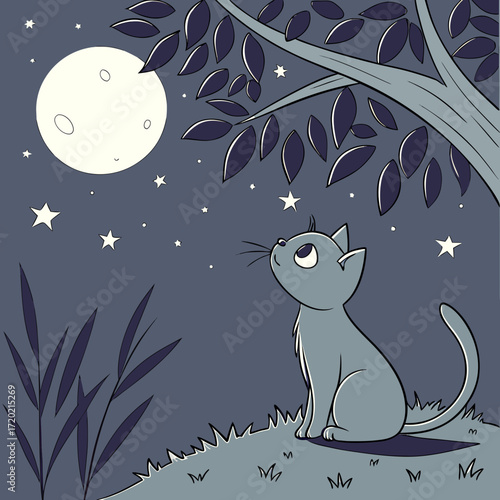 Cute cartoon cat sitting under a tree at night looking up at the full moon and stars