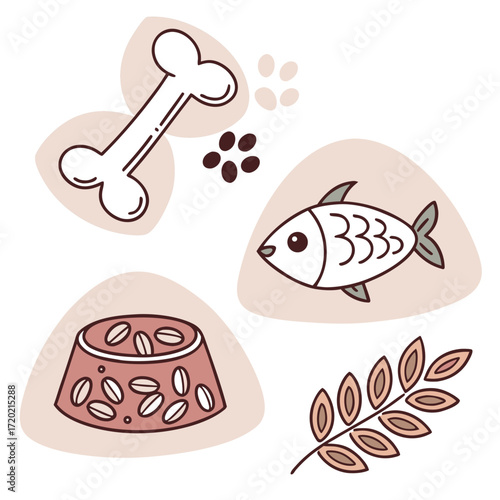 Cute cartoon illustration of dog bone fish kibble and wheat sprigs for pet food and nutrition concept