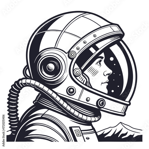 Detailed black and white illustration of an astronaut s profile wearing a helmet with a reflective visor showing stars and mountains