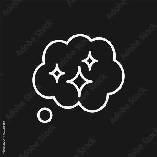 White Thought Bubble Icon with Sparkling Stars on Black Background, Minimalist Symbol for Imagination, Creative Thinking, and Inspirational Ideas in Digital Design