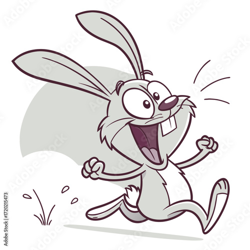 Excited cartoon rabbit running with joy and open mouth celebrating a victory or good news