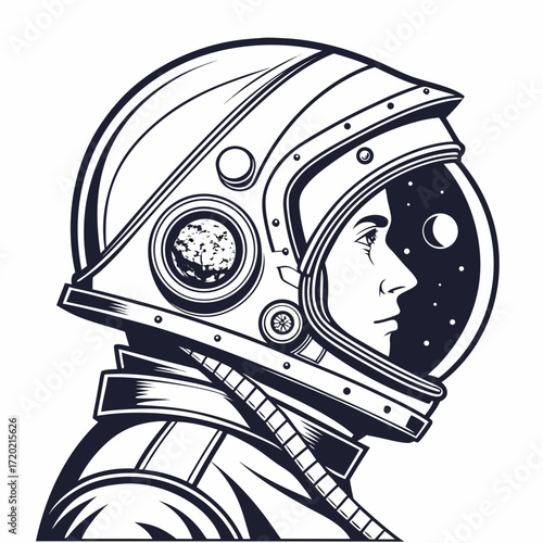 Profile of an astronaut wearing a detailed helmet with a view of the moon and stars within the visor