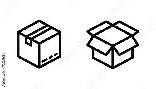 Two gift box icons closed and open isometric line art