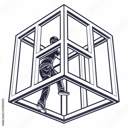 Silhouette of a person climbing inside a geometric cube structure representing a challenge or obstacle