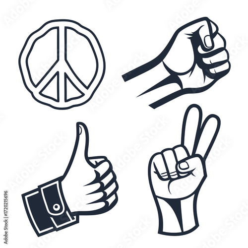 Set of four iconic hand gestures and symbols including peace sign fist thumbs up and victory sign