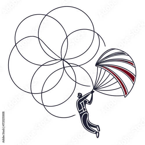 Stylized minimalist illustration of a skydiver with a geometric abstract parachute design against a white background