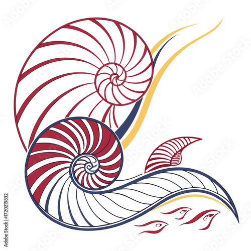 Stylized nautilus shells and abstract waves in red blue and yellow on a white background