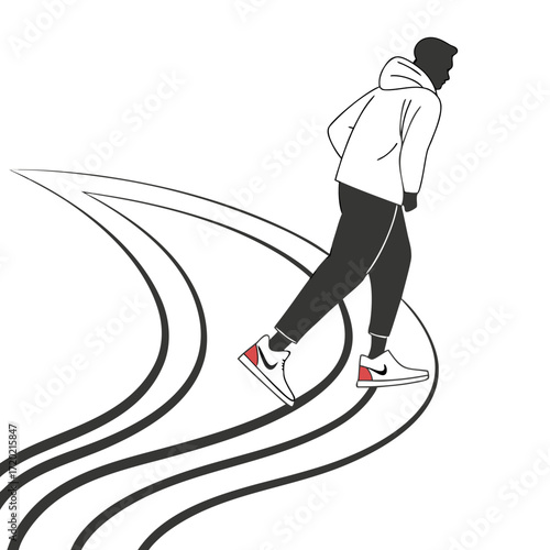 Stylized silhouette of a person running on a track with dynamic lines conveying motion and speed