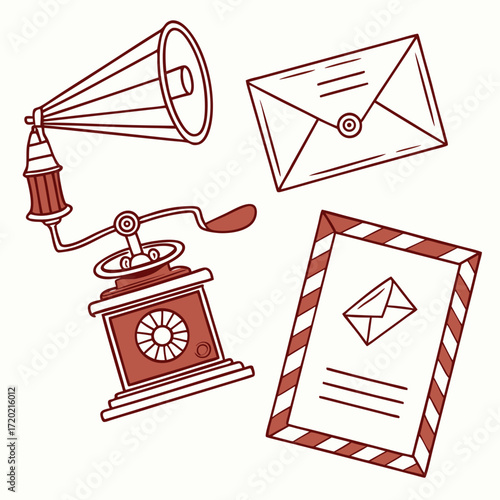 Vintage communication icons including a gramophone an envelope and a postcard with an envelope illustration