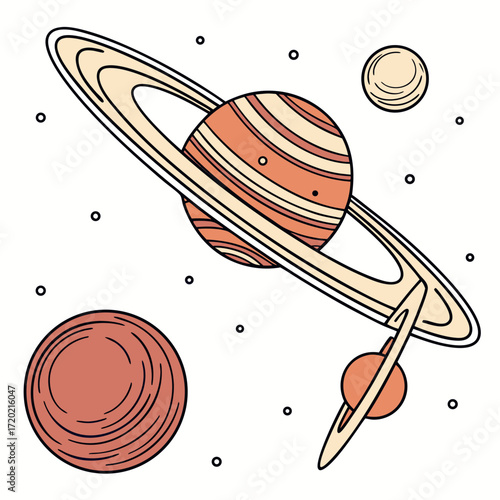 Whimsical hand drawn planets and moons with rings floating in a starry cosmic expanse