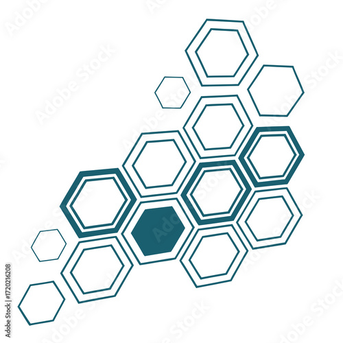 Abstract arrangement of interconnected teal and white hexagonal shapes creating a dynamic geometric pattern on a white background