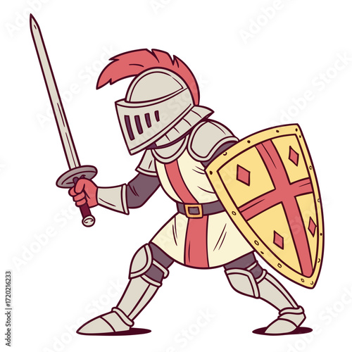 Cartoon knight in shining armor holding sword and shield ready for battle on white background