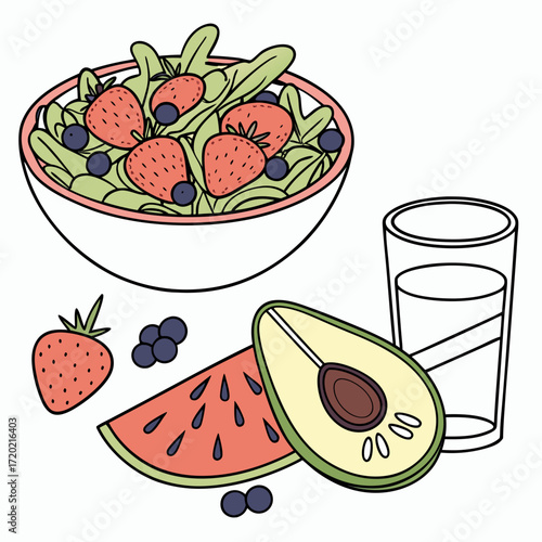 Fresh and healthy fruit salad with strawberries blueberries watermelon avocado and a glass of water