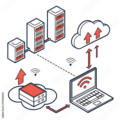 Isometric illustration of a network infrastructure with servers clouds and a laptop connected wirelessly for data transfer